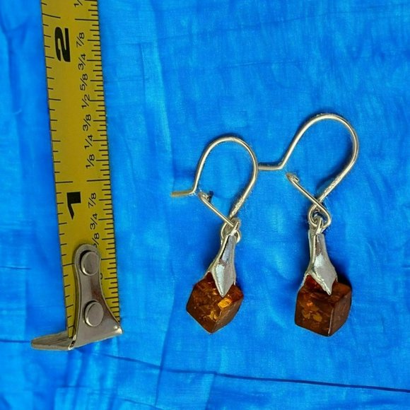 Sterling Silver 925 Women's Amber Drop Dangle Cube Shape Earrings - Picture 9 of 13